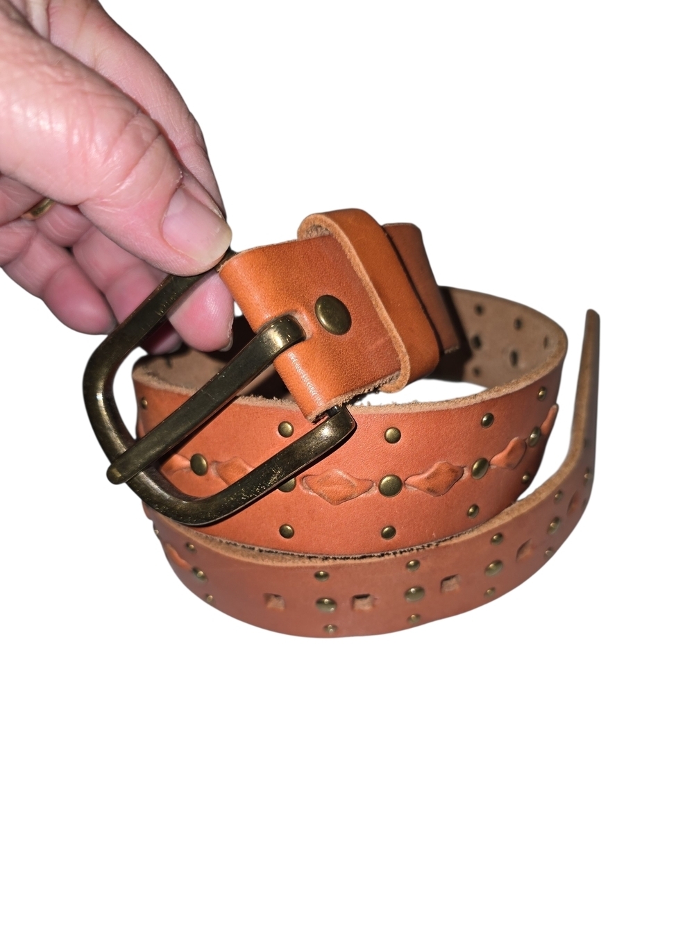 Lucky Brand Boho Cognac Woven Leather Studded Belt Small Orange Tan